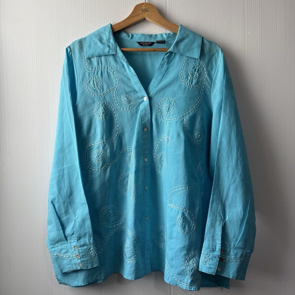 Autograph Woman 1X 100% Linen Turquoise Embroidered Button Front Shirt Blouse